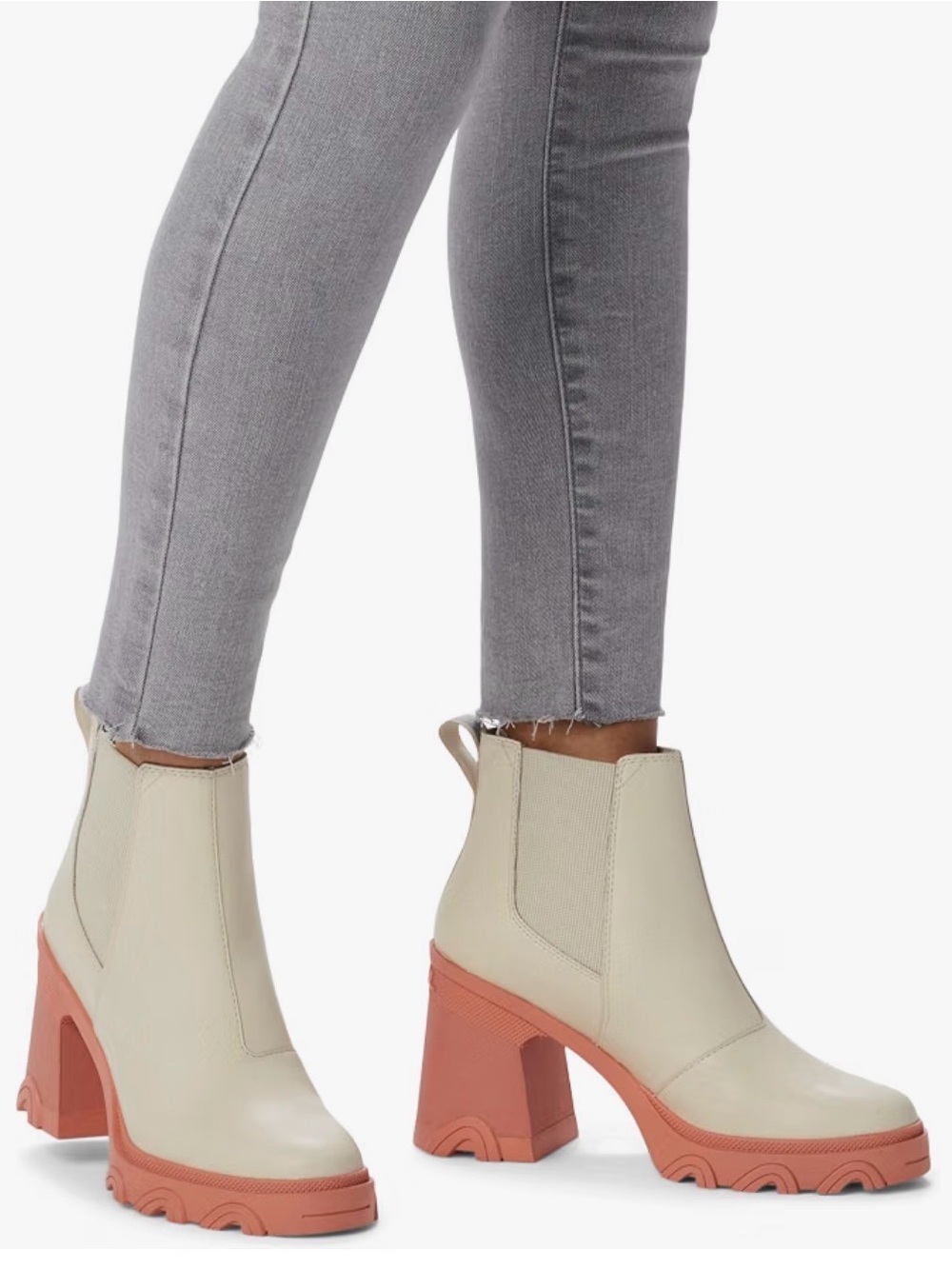 Sorel Cream Chelsea Boots with Coral Chunky Heel